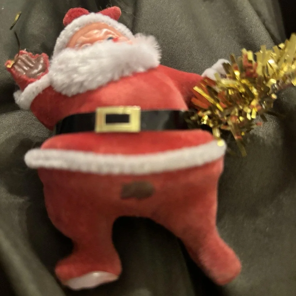 Vtg 1960s Flocked Dancing Santa Christmas Ornament Blow Mold Tinsel Door hanger‎